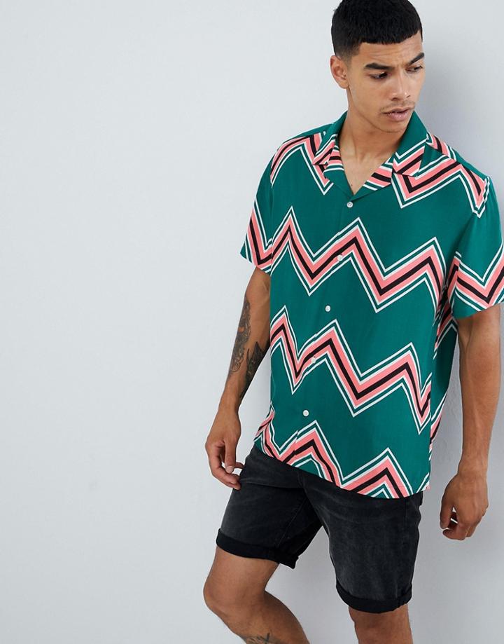 Asos Design Oversized Chevron Stripe Shirt In Green & Pink With Revere Collar - Green