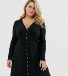 Wild Honey Plus Long Sleeve Tea Dress With Faux Pearl Buttons-black