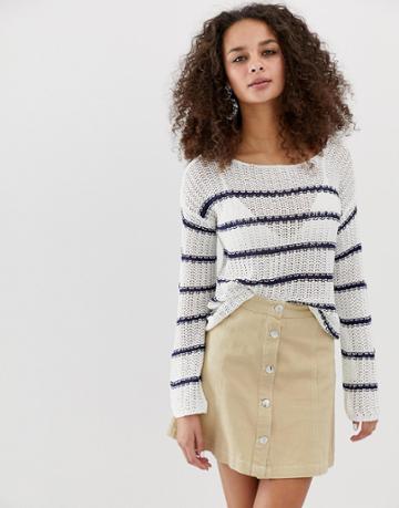 Brave Soul Striped Loose Fit Textured Stitch Sweater In White