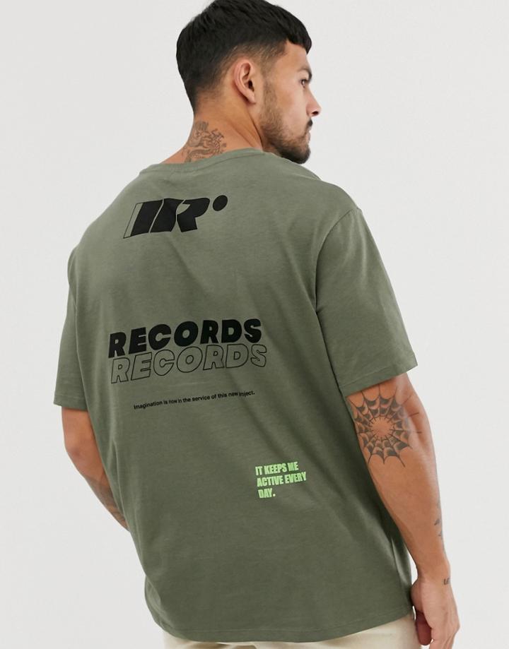 Bershka Oversized T-shirt In Khaki With Record Print - Green