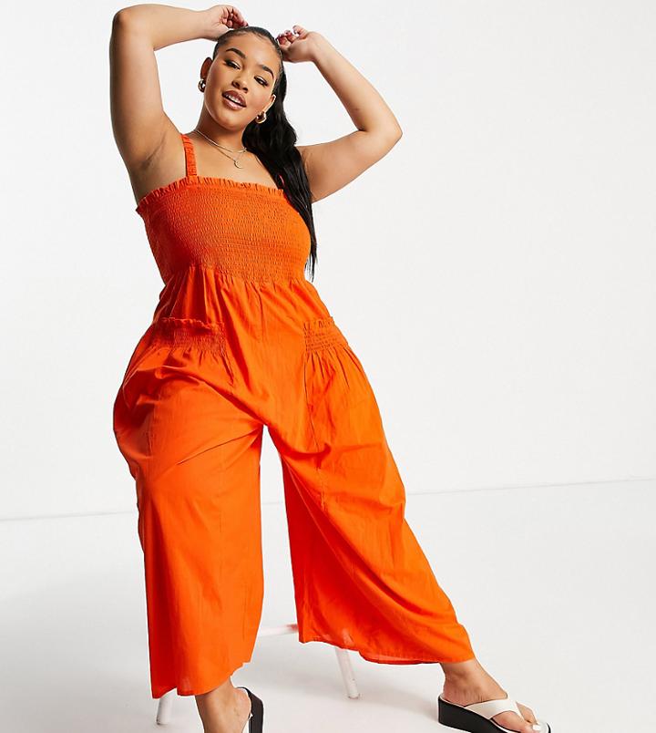 Asos Design Curve Shirred Elastic Back Jumpsuit In Tomato Red