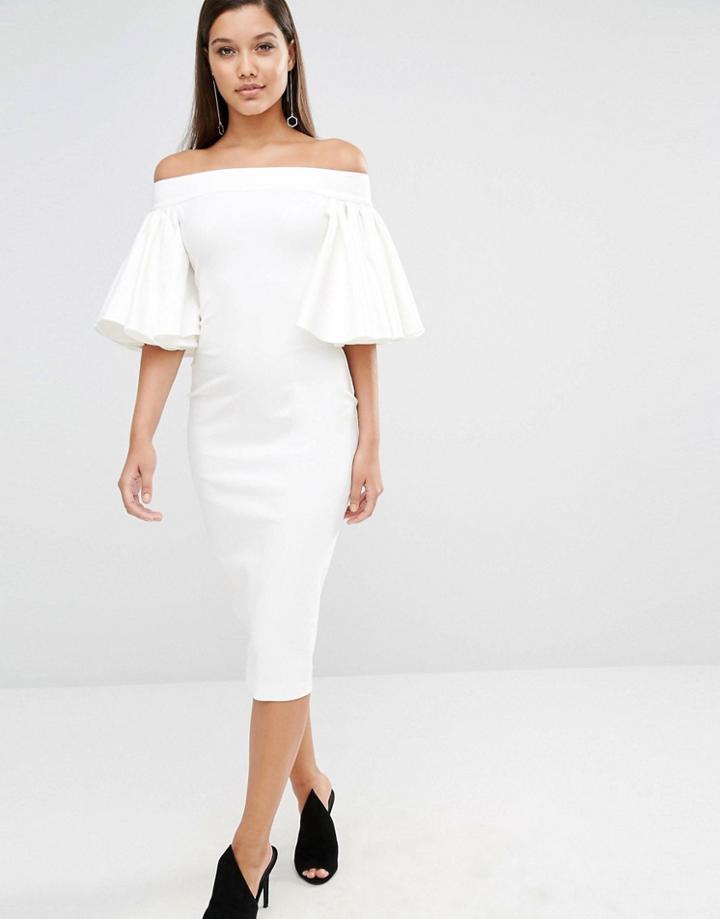 Aqaq Rising Bardot Frill Sleeve Midi Dress - Cream
