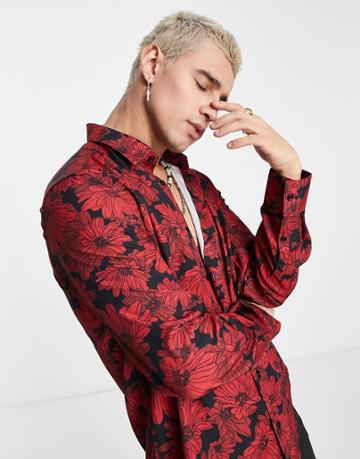 Devil's Advocate Viscose Floral Print Shirt-red