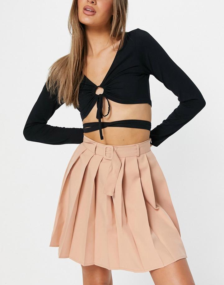 Parisian Pleated Tennis Skirt With Belt In Beige-brown