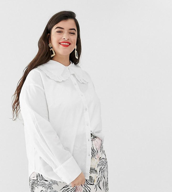 Neon Rose Plus Shirt With Oversized Peter Pan Collar And Lace Trim-white