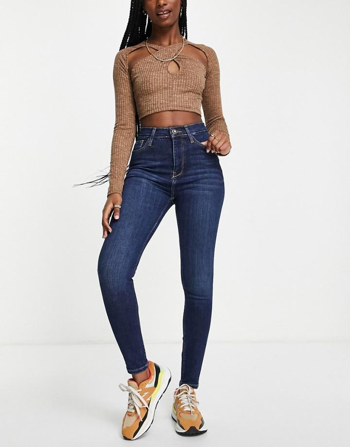 River Island High Rise Skinny Jean In Dark Denim-blues