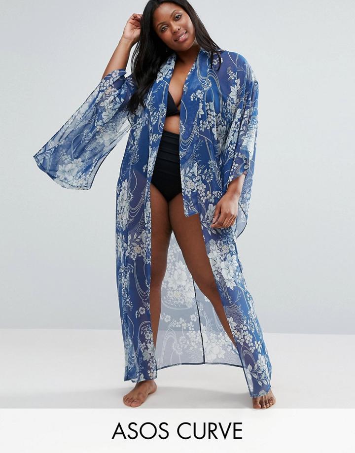 Asos Curve Beach Kimono In Blossom Print - Multi