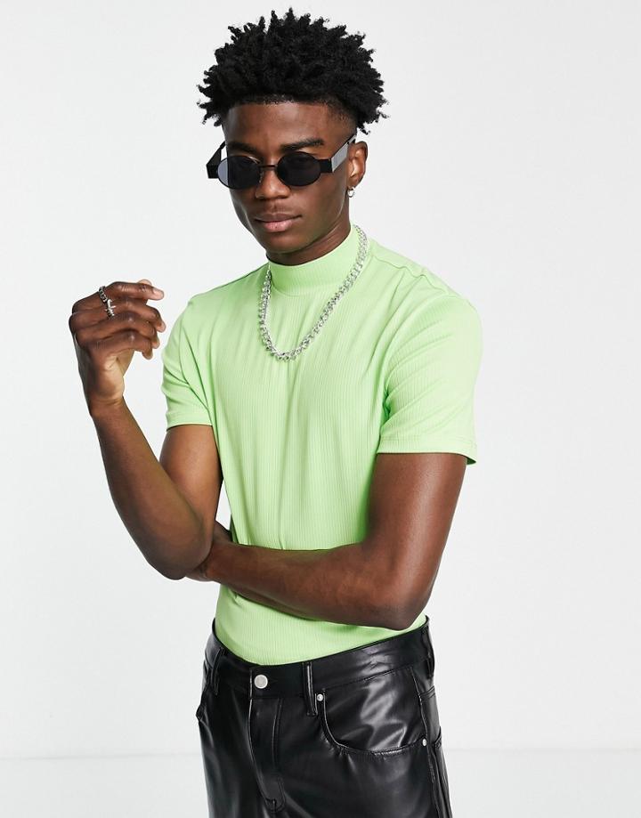 Asos Design Muscle Fit T-shirt Turtle Neck In Rib In Lime-green