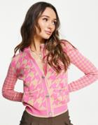 River Island Houndstooth Print Slim Fit Cardigan In Pink