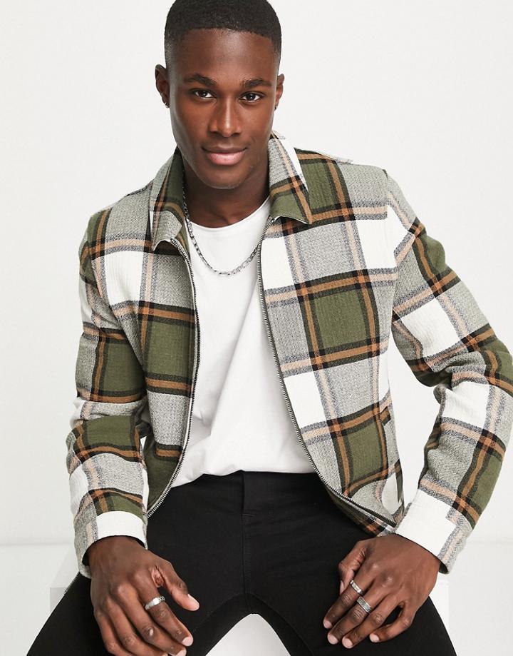 Asos Design Harrington Jacket In Neutral Plaid