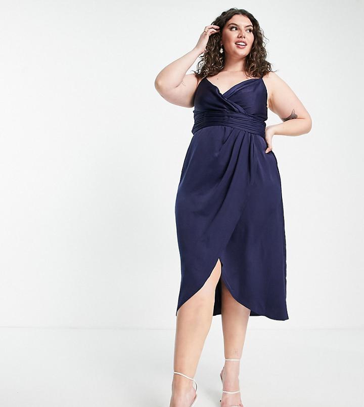 Little Mistress Bridesmaid Plus Satin Wrap Dress In Navy-blue