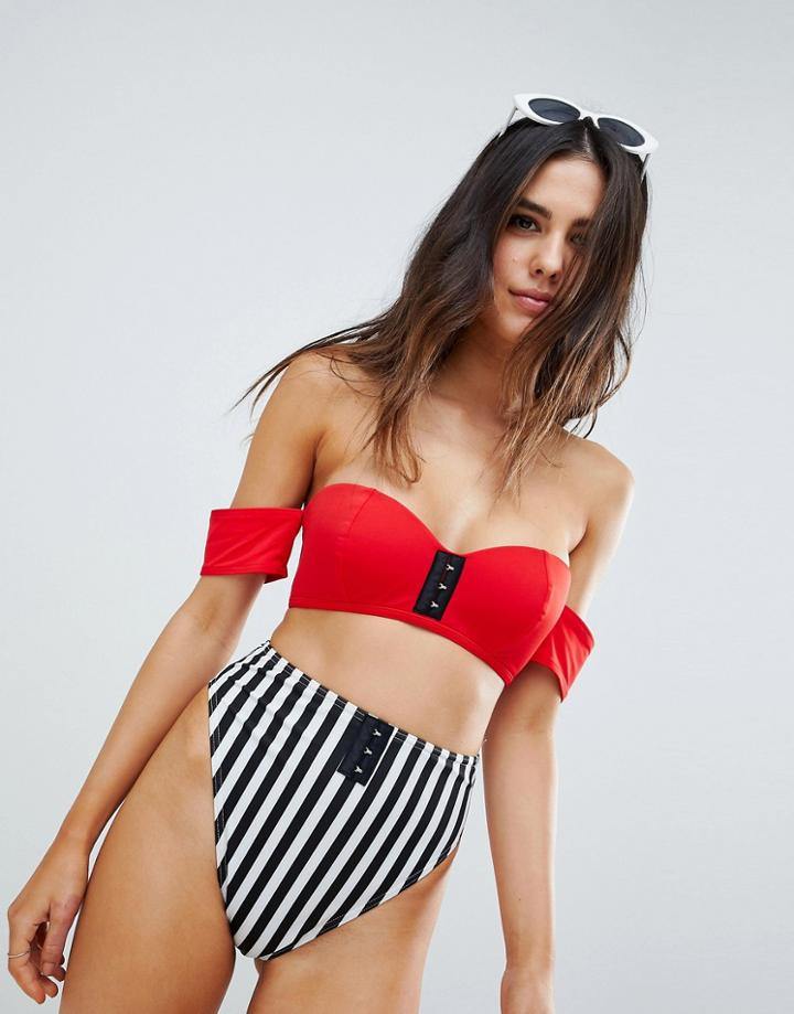 Asos Mix And Match Molded Bardot Bikini Top With Hook And Eye - Red