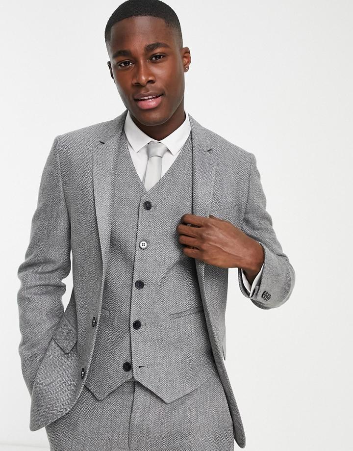 Asos Design Super Skinny Wool Mix Suit Jacket In Charcoal Herringbone-gray