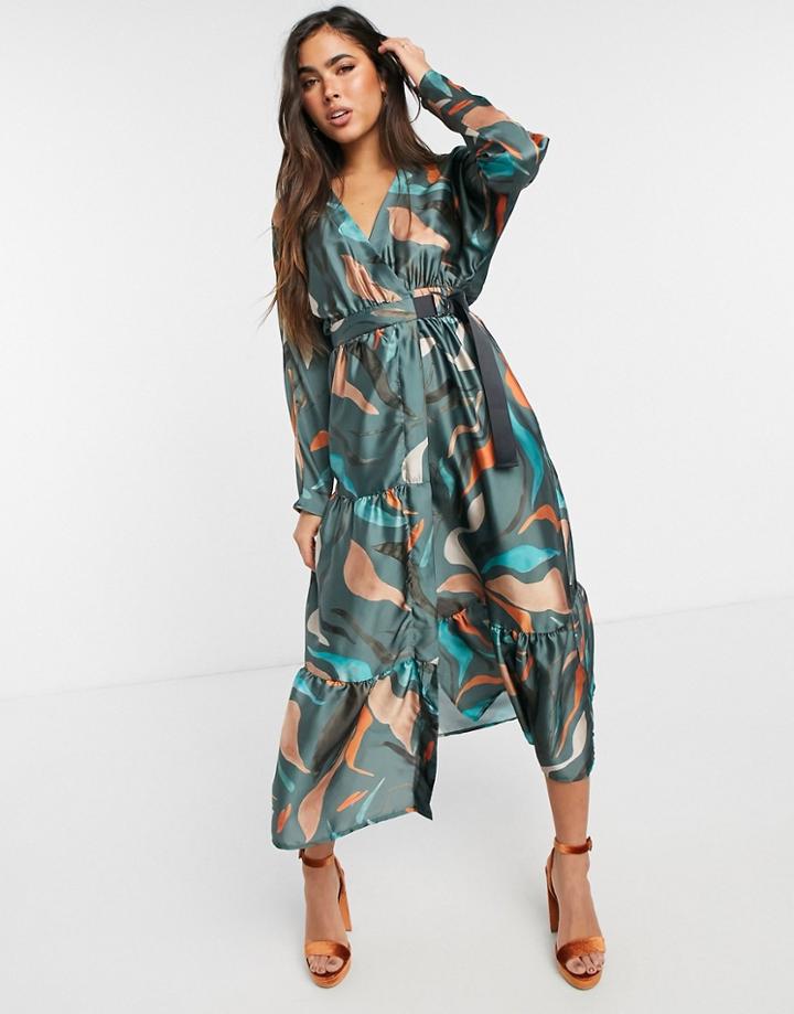 Asos Design Satin Tiered Wrap Maxi Dress In Winter Abstract Print-multi