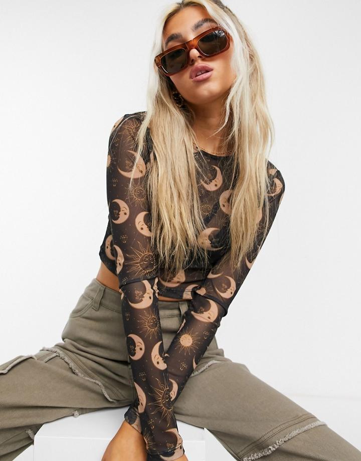 Noisy May Long Sleeve Mesh Moon Print Crop Top In Blue-black