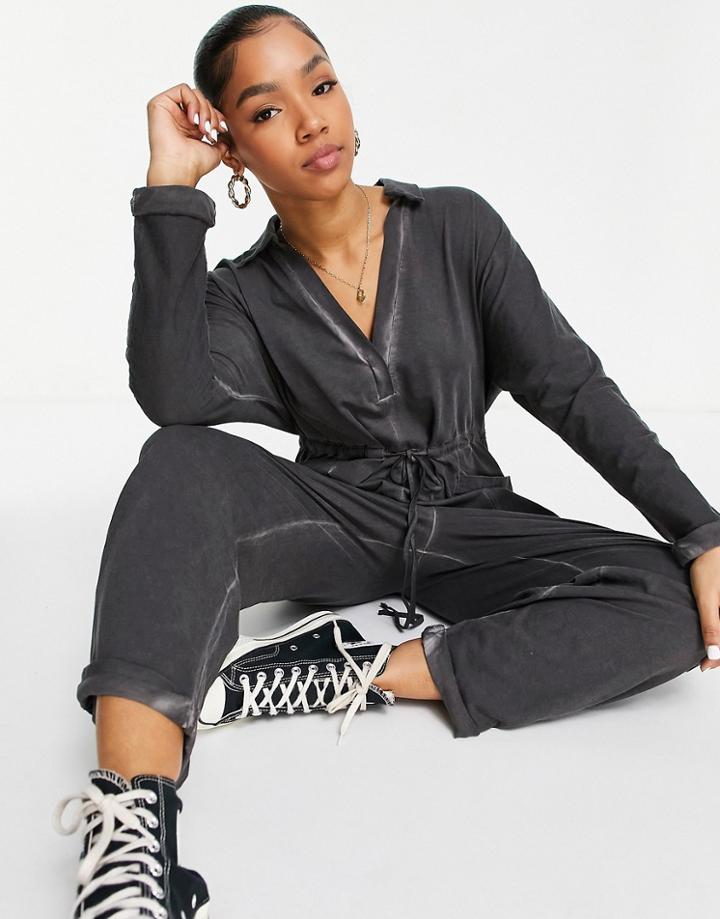 Asos Design Drawstring V Neck Collar Jumpsuit In Acid Wash-black
