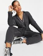 Asos Design Drawstring V Neck Collar Jumpsuit In Acid Wash-black