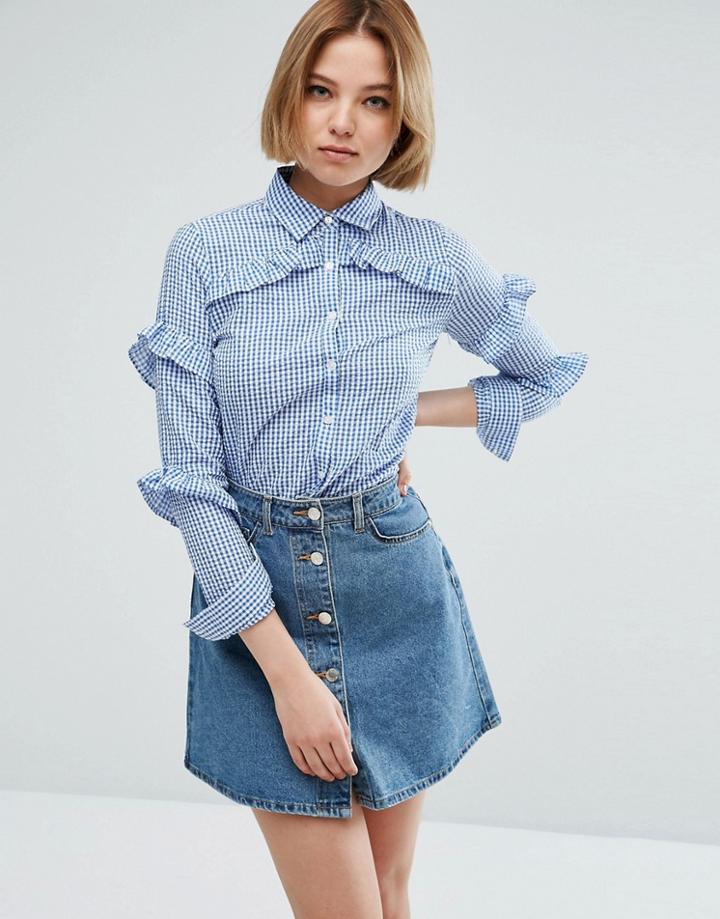 Qed London Gingham Ruffle Shirt - Blue