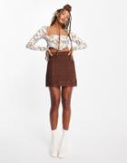 Asos Design High Waist Cord Mini Skirt In Chocolate-brown