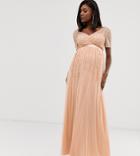 Maya Maternity Mesh All Over Scattered Sequin Pleated Maxi Dress In Soft Peach-pink