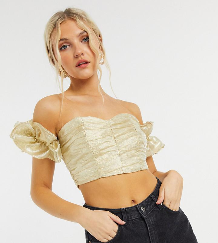 Collective The Label Exclusive Ruched Crop Top With Volume Sleeve In Textured Gold