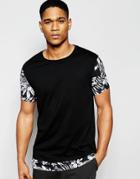 Asos Longline T-shirt With Floral Sleeves And Hem - Black