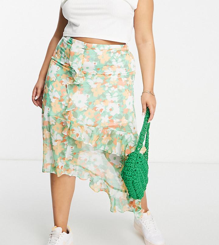 Asos Design Curve Ruffle Midi Skirt In Peach Abstract Floral-multi
