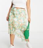 Asos Design Curve Ruffle Midi Skirt In Peach Abstract Floral-multi