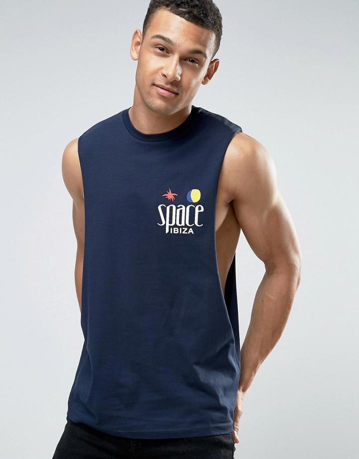 Asos Space Ibiza Sleevless T-shirt With Extreme Dropped Armhole - Navy