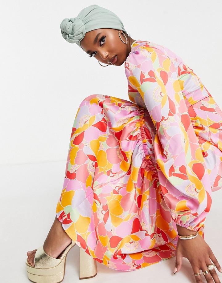 Asos Design Satin Maxi Tea Dress With Pephem With Balloon Sleeves In 60s Floral-multi