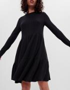 Bershka Long Sleeve Smock Mini Dress In Black