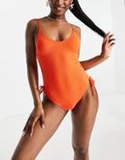 New Look Ruched Side Swimsuit In Bright Orange