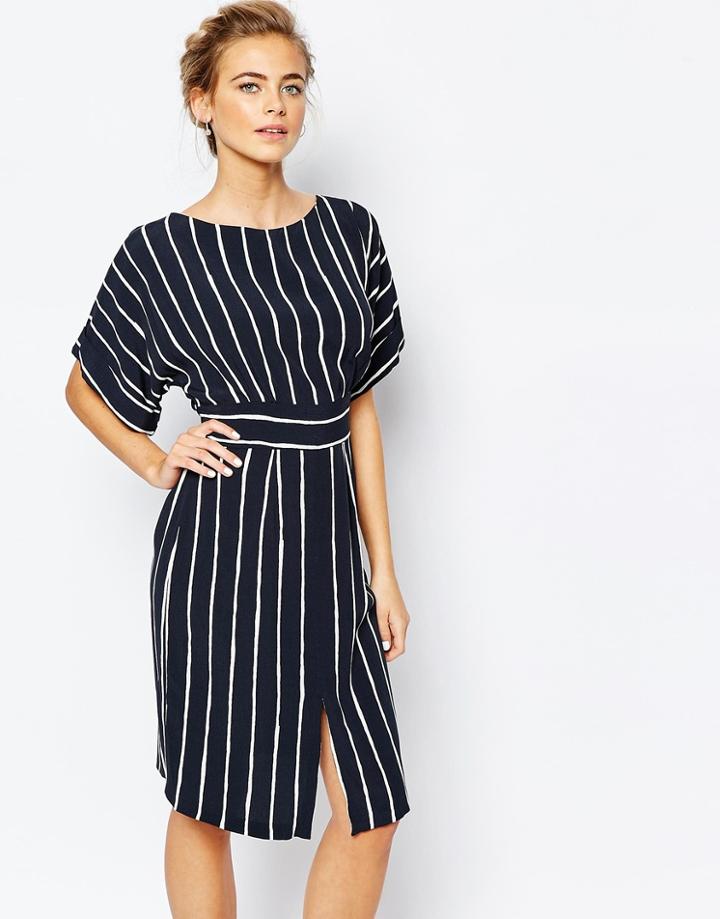 Closet Kimono Sleeve Midi Dress With Tie Back Detail And Split Front - Black Stripe