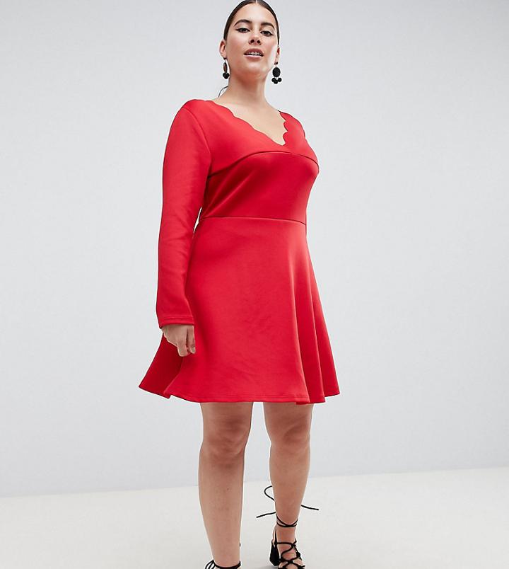 Ax Paris Plus Scalloped Edge Swing Dress - Red