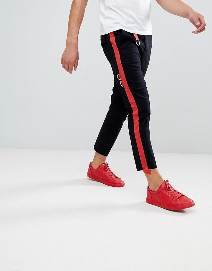 Asos Skinny Super Crop Pants In Black With Red Side Stripe - Black