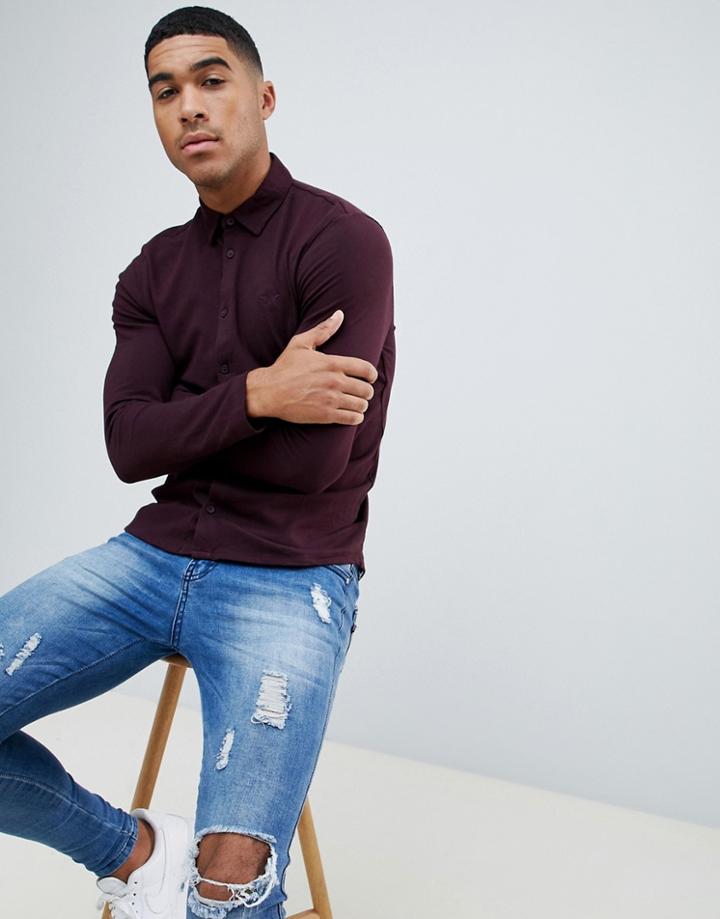 River Island Long Sleeve Pique Polo Shirt In Berry-red