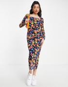 Y.a.s Philly Ruched Side Mesh Midi Dress In Floral-multi