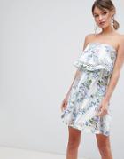 Asos Design Floral Stripe Bandeau Ruffle Mini Dress With Crochet Trim - Multi