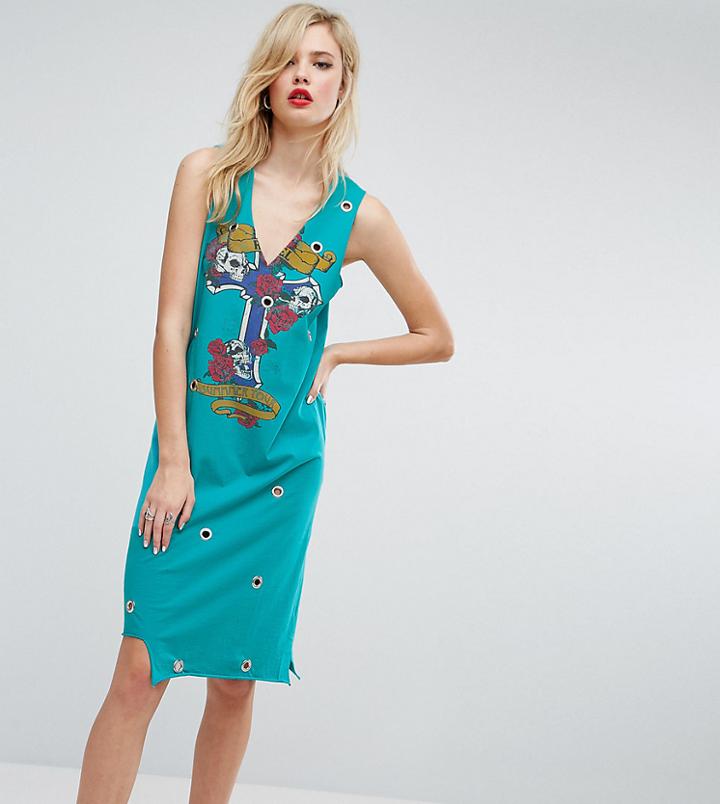Asos Tall Midi Tank Dress With Eyelet Detail And Rock Print - Multi