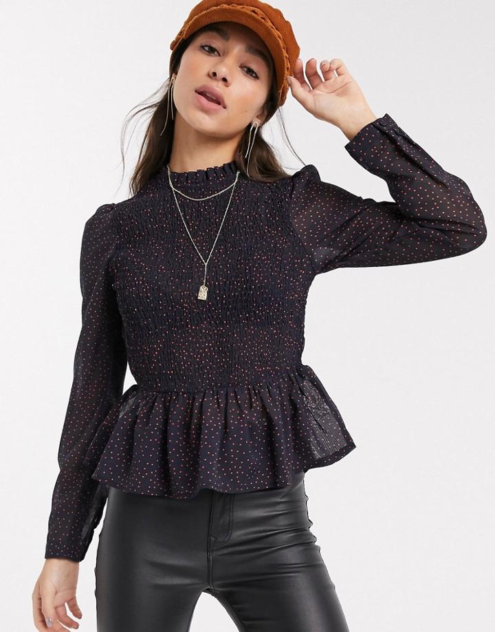 Only Smock Top With Peplum Waist In Black Spot-multi