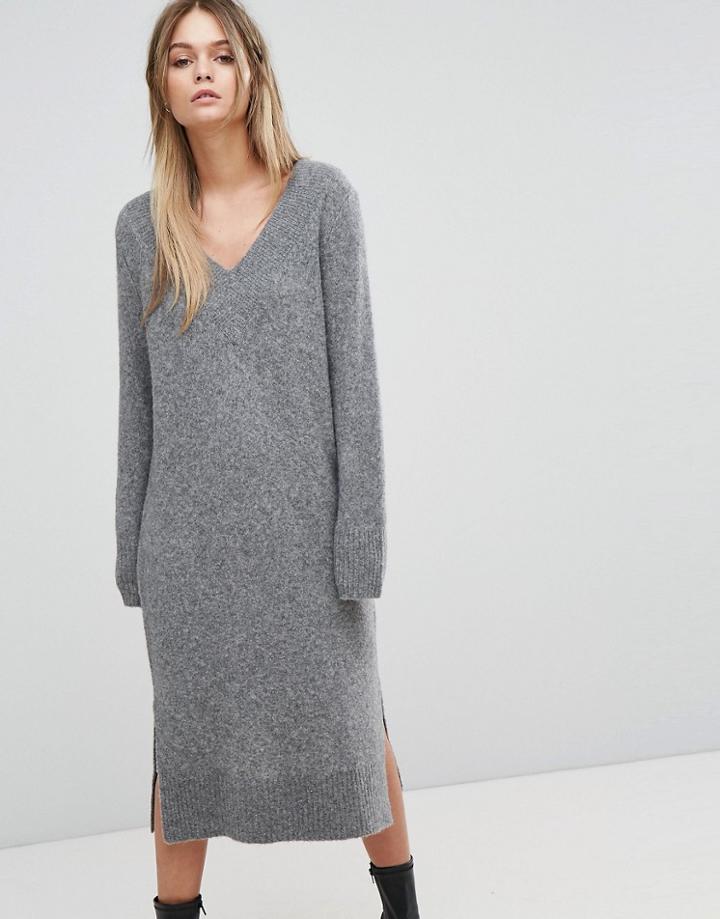 Selected Knitted Deep V-neck Dress - Gray