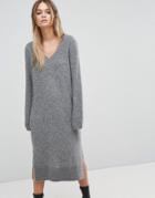 Selected Knitted Deep V-neck Dress - Gray