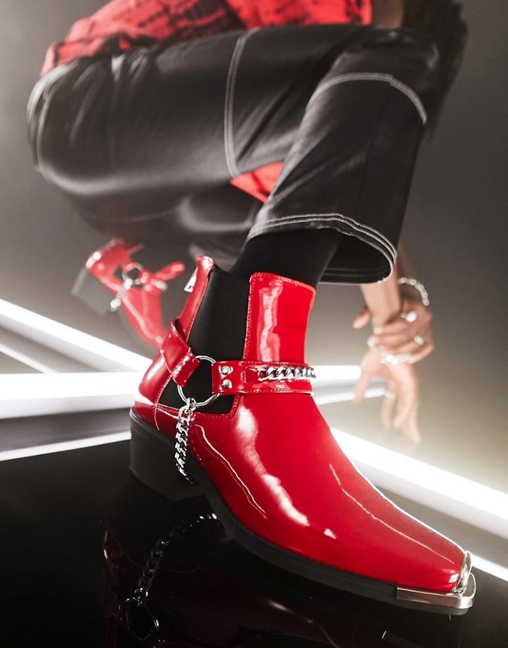 Asos Design Chelsea Boots With Chain Strap Detail And Square Toe In Red Patent