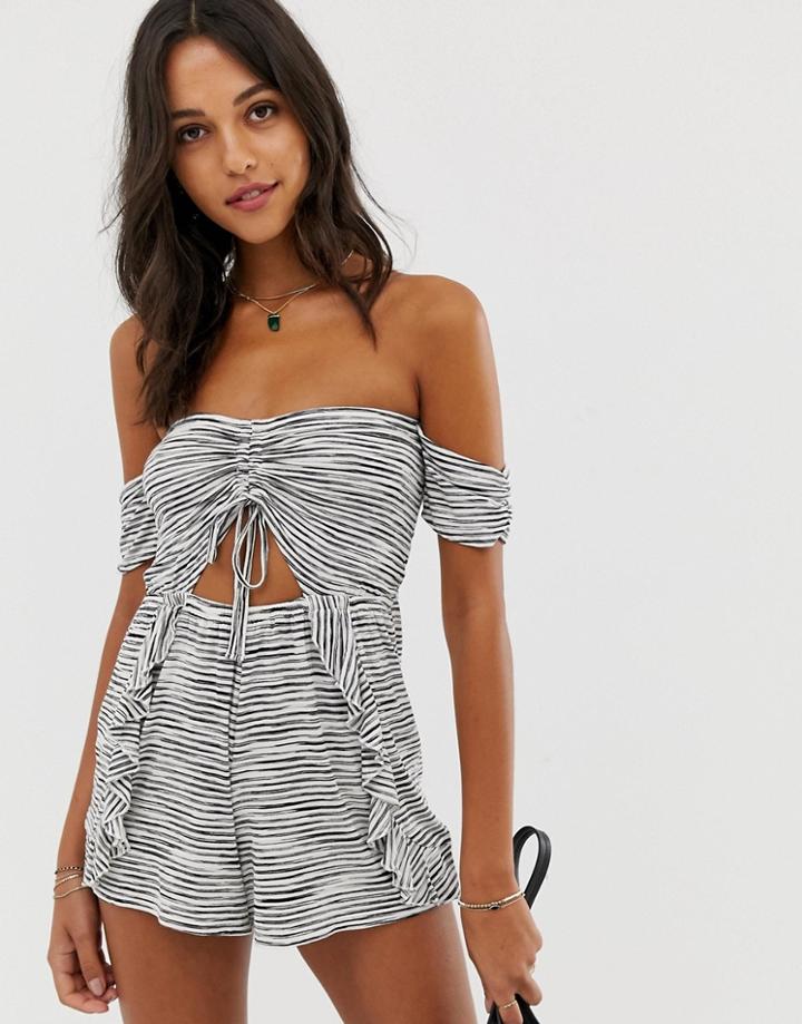 River Island Bardot Beach Romper With Cutout In Stripe-white