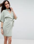Asos Wrap Mini Dress With Choker Detail - Green