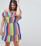 Asos Design Curve Off Shoulder Sundress With Tiered Skirt In Rainbow Stripe - Multi