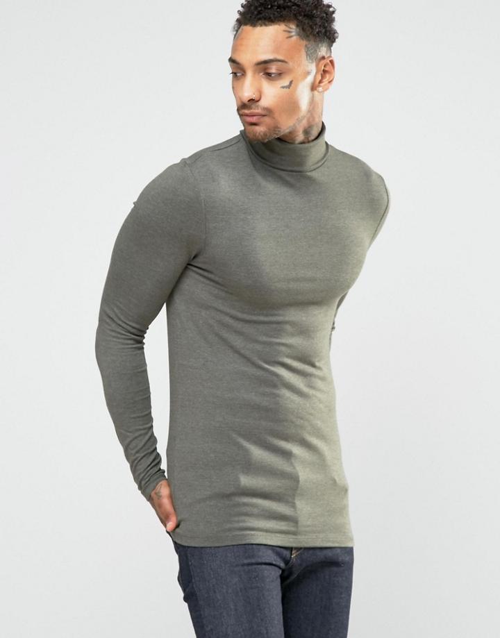 Asos Extreme Muscle Long Sleeve T-shirt With Roll Neck In Khaki - Green