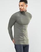 Asos Extreme Muscle Long Sleeve T-shirt With Roll Neck In Khaki - Green