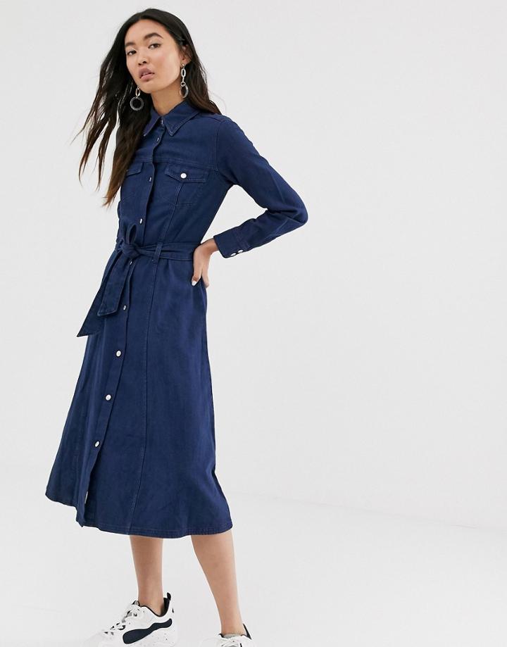 Monki Denim Midi Dress With Organic Cotton And Tie Waist In Dark Blue