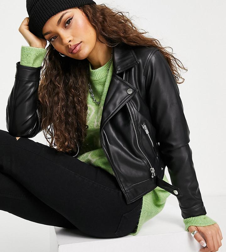 Only Petite Leather Look Moto Jacket In Black